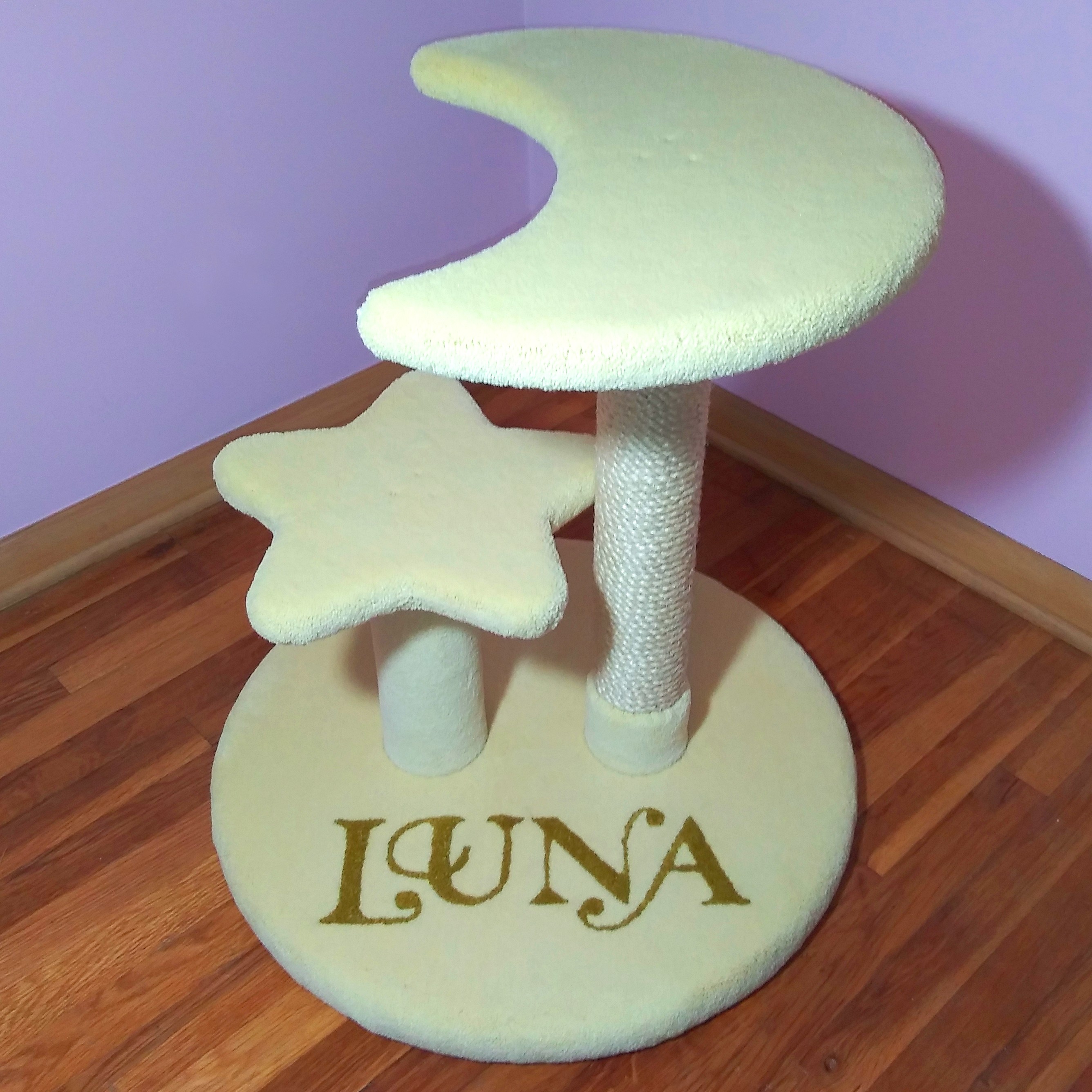 Shown here in pastel yellow with natural sisal on 1 post.  Cat name inlays in "Elegant" font style in gold carpet imported from Italy (limited availability).